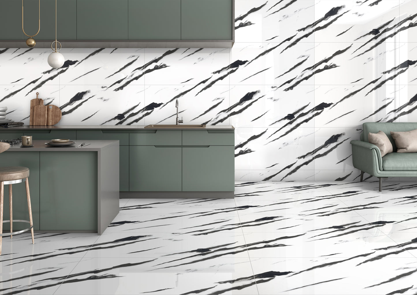 Discover the Infinity Panda Endless High Glossy porcelain tile beautifully installed in a room. Its bold black and white pattern, combined with a high-gloss finish, creates a stunning focal point, enhancing the modern aesthetic of any space while ensuring durability and easy maintenance.