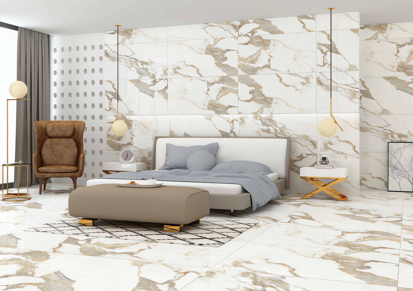 See the Lugano Gold Polished porcelain tile installed, showcasing its luxurious white and gold design with a high-gloss finish. Perfect for enhancing living spaces, this durable, scratch-resistant tile adds elegance and sophistication to any room.