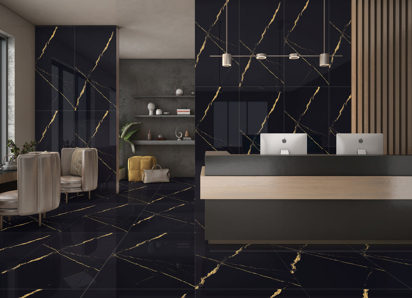 See the Marques Gold Black porcelain tile installed in a room, showcasing its high-gloss black and gold design. This luxurious tile adds a sophisticated, modern touch to any space, enhancing walls and floors with its bold, elegant appearance and lasting durability.