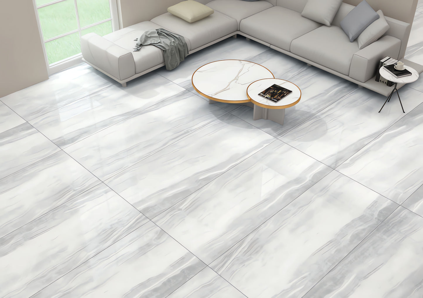 Experience the elegance of Melanoid Smeraldo Silver porcelain tile installed in a room. Its polished silver finish creates a sleek, contemporary ambiance, perfect for enhancing floors and walls. Durable and stain-resistant, ideal for stylish, high-traffic spaces.